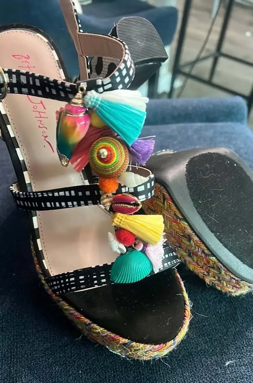 Betsey Johnson Marcyy Black White Gingham Shell Tassel Platform Heels Sandals